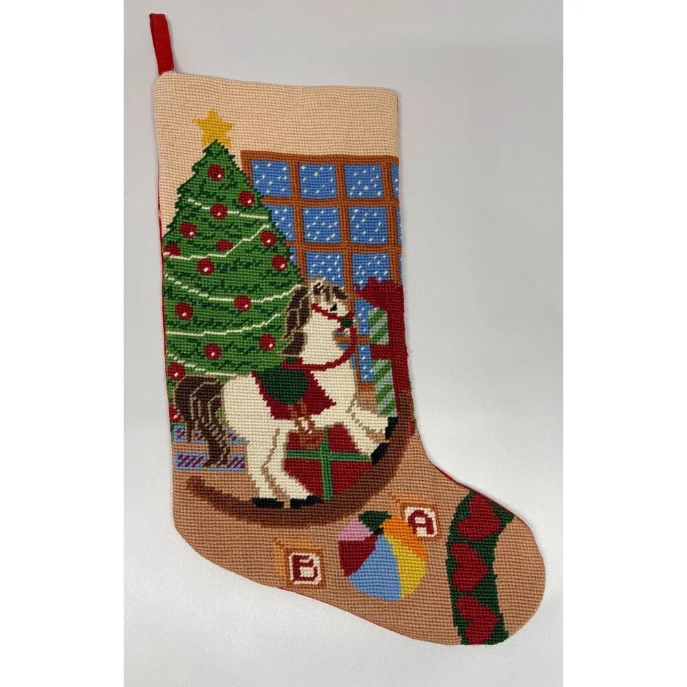 Vintage Wool Needle Point Christmas Stocking Red Velvet Rocking Horse 16”